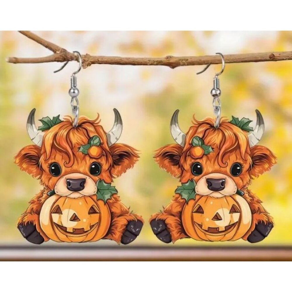 Highland Cow Pumpkin Earrings Hand-Painted Acrylic Fall Jewelry NEW